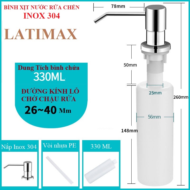 Bình đựng nước rửa chén bát gắn chậu rửa đầu vòi xịt Inox 304 Latimax Cao cấp - Dung tích 330ml