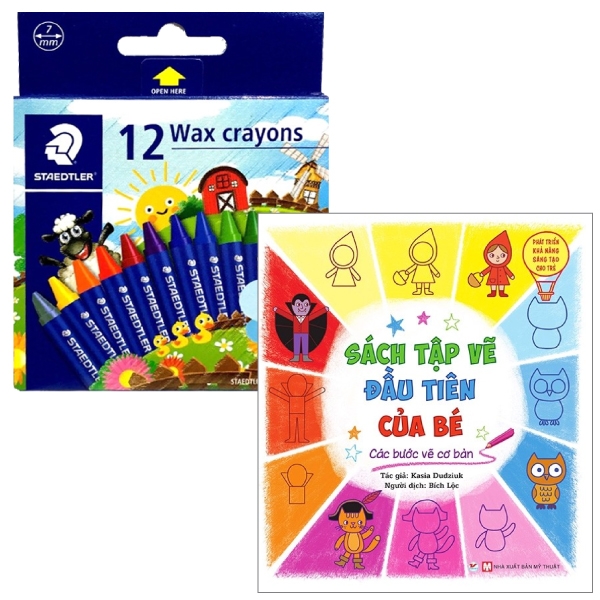 Fahasa - combo sách hay sách tập vẽ đầu tiên của bé + bút sáp 12 màu staedtler