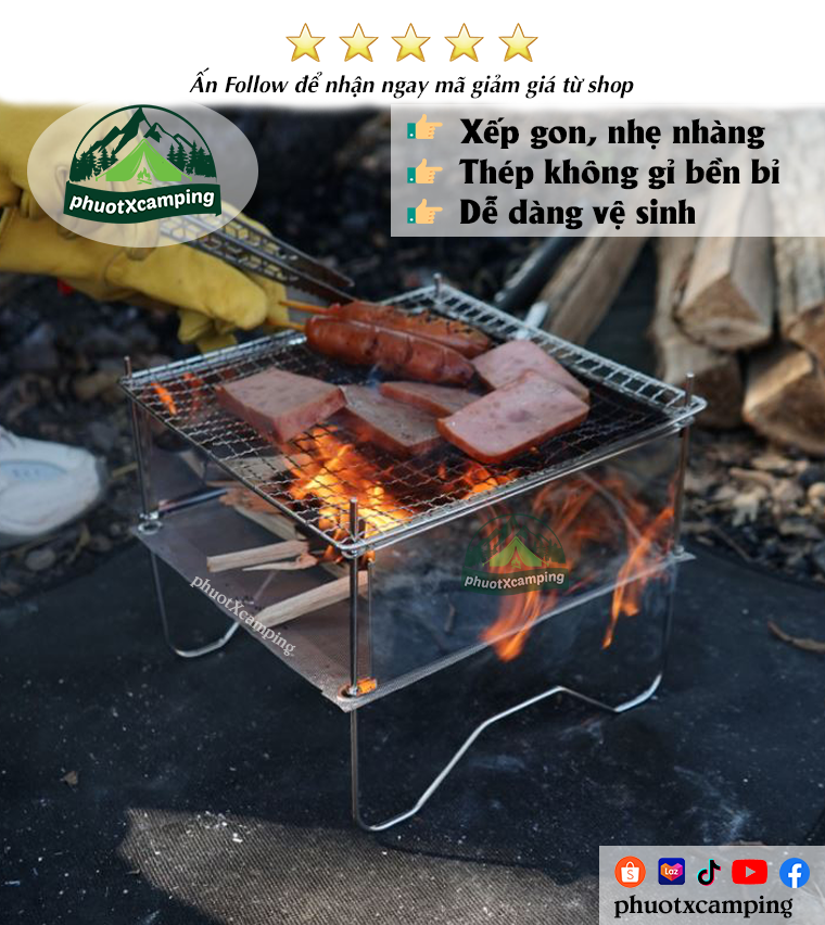 Bếp nướng bếp củi cắm trại dã ngoại mini xếp gọn tiên lợi CLS thép không gỉ chắc chắn - phuotXcamping