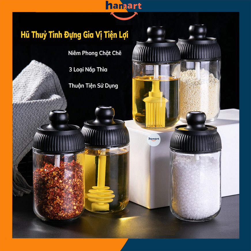Hũ Gia Vị Kèm Thìa Hũ Đựng Gia Vị Thuỷ Tinh Hamart Nắp Kín Chống Trượt Cao Cấp