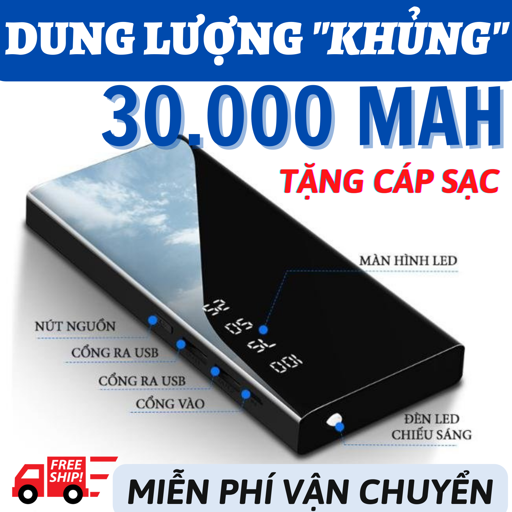 [PIN TRÂU 30000MAH] - TẶNG CÁP SẠC NHANH 39K - PIN SẠC DỰ PHÒNG CAO CẤP THIẾT KẾ MÀN HÌNH GƯƠNG CỰC SANG TRỌNG - 2 CỔNG SẠC NHANH + ĐÈN LED SIÊU SÁNG TẦM NHÌN TỐT - SẠC DỰ PHÒNG AN TOÀN CHO MỌI DÒNG ĐIỆN THOẠI