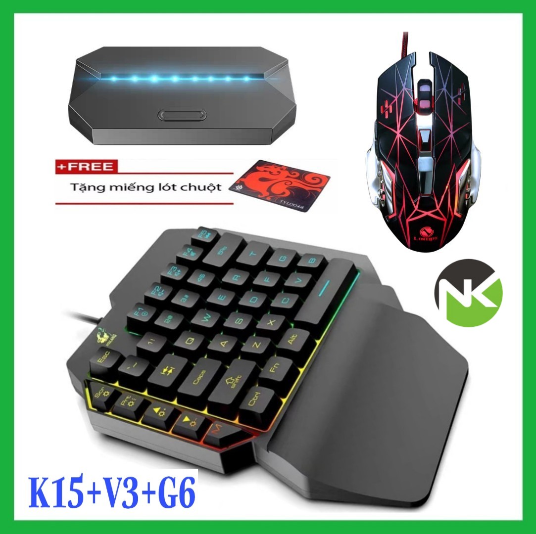[HCM]Combo Trọn Bộ Bàn Phím K15 + Chuột V3 + Hộp Chuyển Đổi G6 chơi game PUBG Mobile cho Android IOS iPad như PC