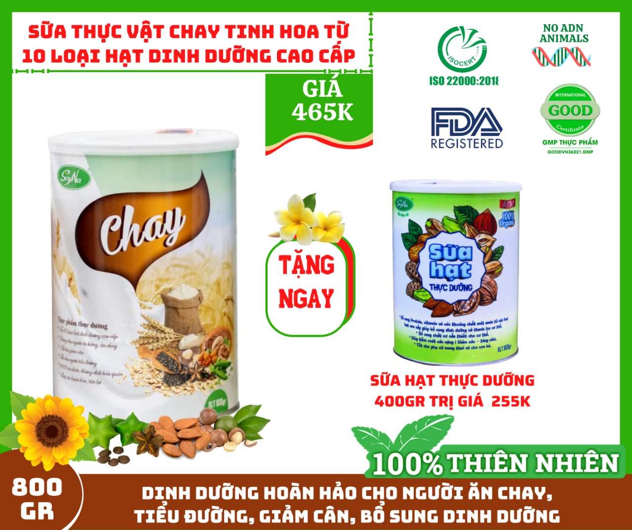 Freeship kèm quà_sữa thực vật chay từ các loại hạt cao cấp-thực phẩm dinh dưỡng cho người ăn chay-sữa chay soyna lon 800g
