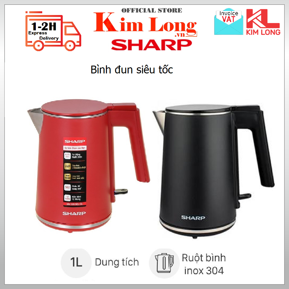 Ấm đun siêu tốc sharp ekj-10dvps inox 304 công suất 1260-1500w - dung tích 1 lít - bảo hành 12 tháng chính hãng
