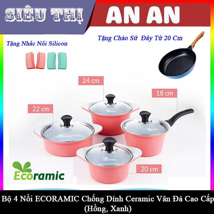 Bộ 4 nồi gốm sứ ECORAMIC bếp từ chống dính size 18 20 22 24 cm màu xanh tặng 2 nhắc nồi sillicon và chảo gốm 20 cm