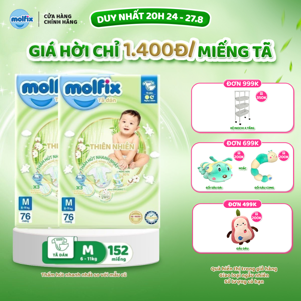Combo 2 tã/bỉm dán moflix thiên nhiên super jumbo m - 2 gói, 152 miếng