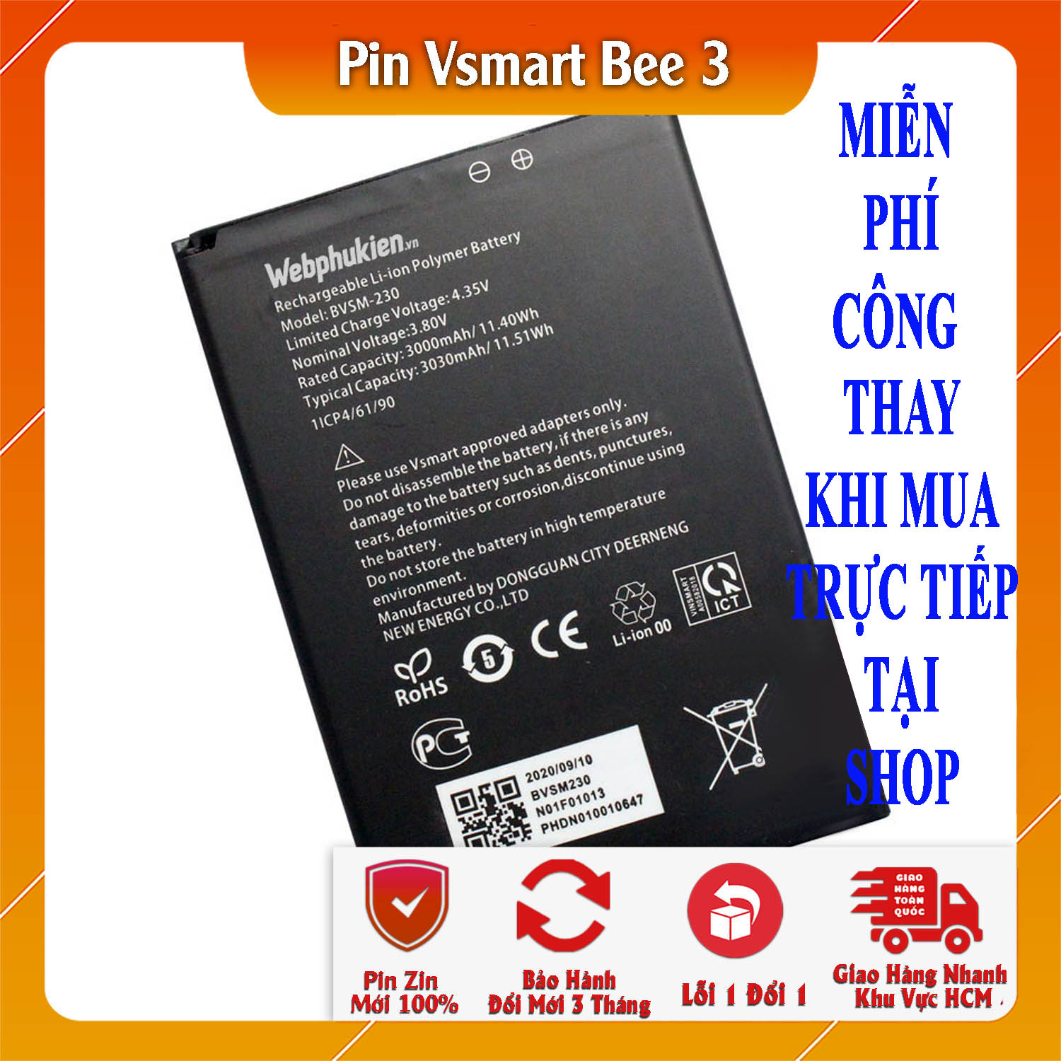 Pin webphukien cho Vsmart Bee 3 BVSM-230 dung lượng 3030mAh (Đen)