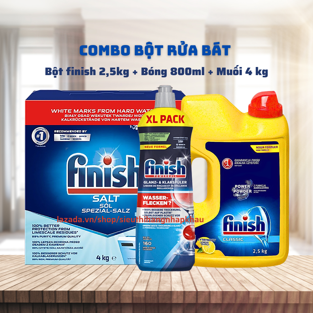 Combo rửa bát finish: bột classic 2.5 2,2 1 kg+muối finish 4kg+bóng finish 800ml - nhập khẩu châu âu.