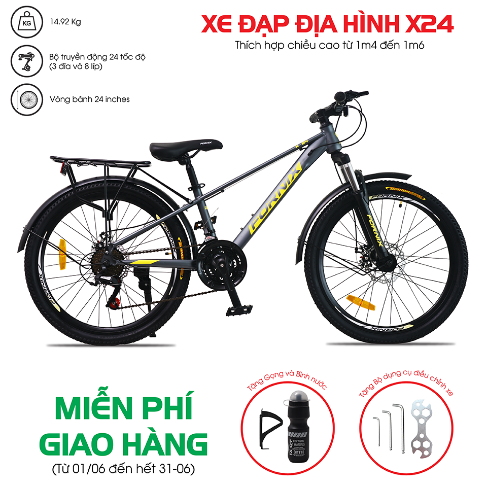Xe đạp địa hình thể thao Fornix X24- Vòng bánh 24 inch- Bảo hành 12 tháng (Tặng kèm Gọng và bình nước + bộ dụng cụ lắp ráp)