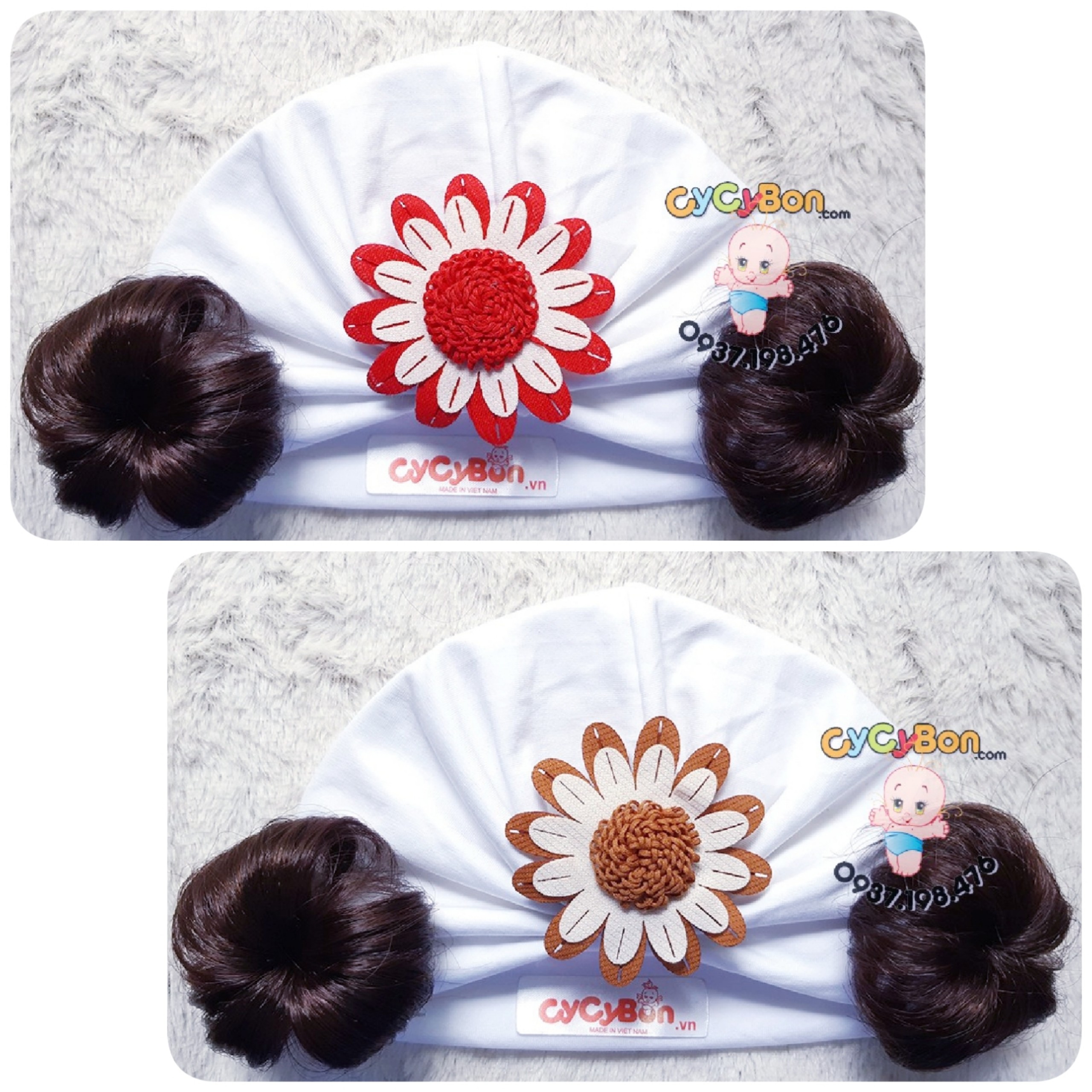 Nón Mũ Turban Tóc Giả Cho Bé Gái Màu Trắng Đính Bông Cúc Chất Vải Cotton - Có Size Từ Sơ Sinh !