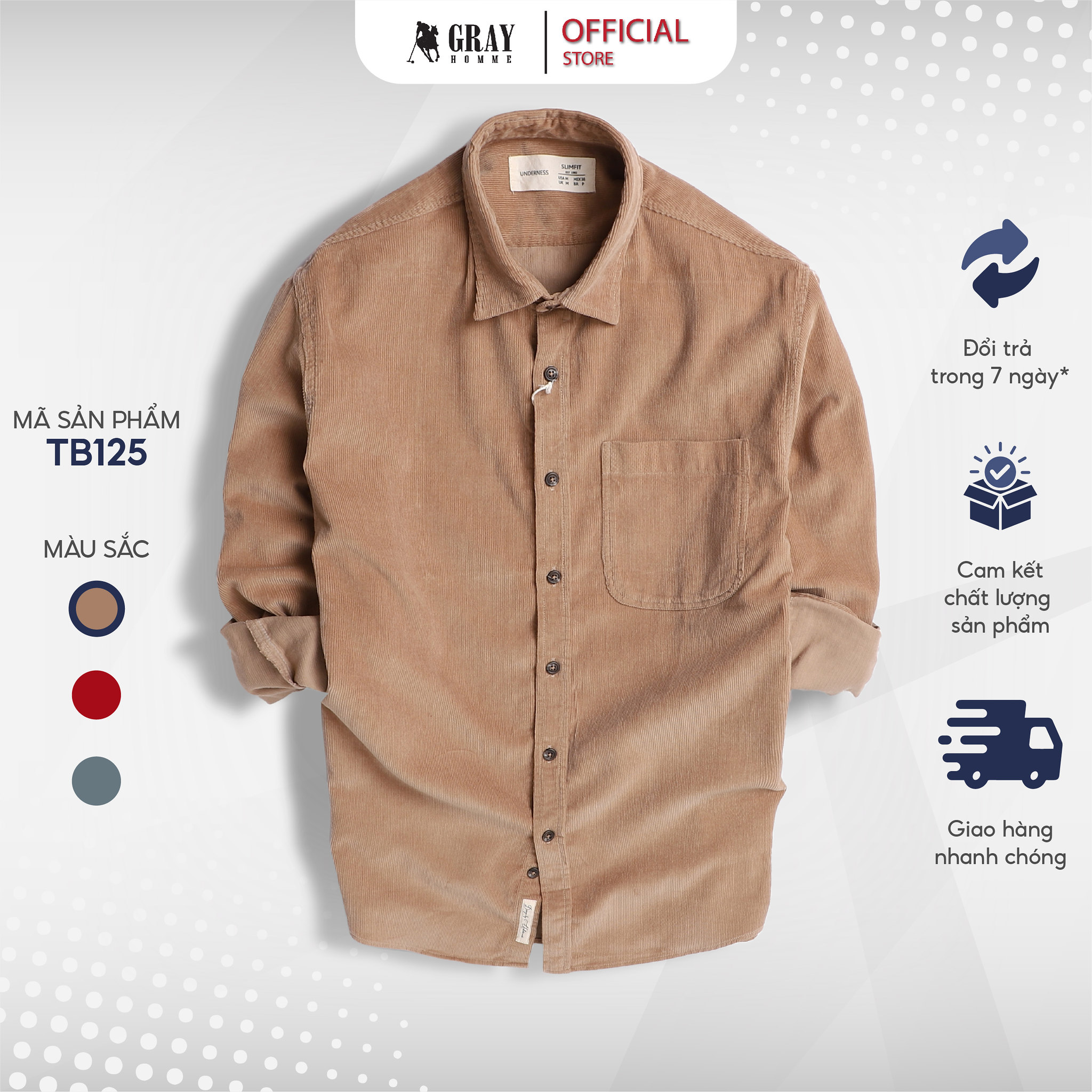 Áo sơ mi nam GRAYHOMME chất nhung tăm phù hợp cho mùa thu đông - TB125