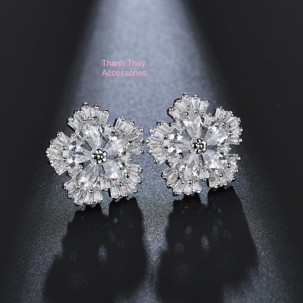 Bông tai nữ hình bông hoa năm cánh mạ bạch kim đính đá zircon