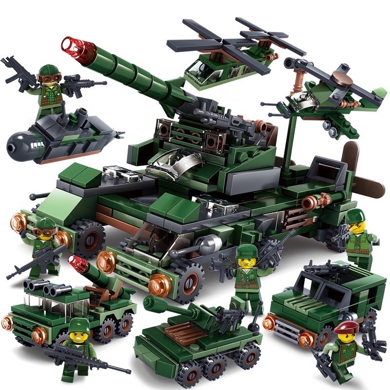 Bộ xếp hình Lego xe tăng , Lego xe jeep , Lego trực thăng , Lego biệt đội xanh