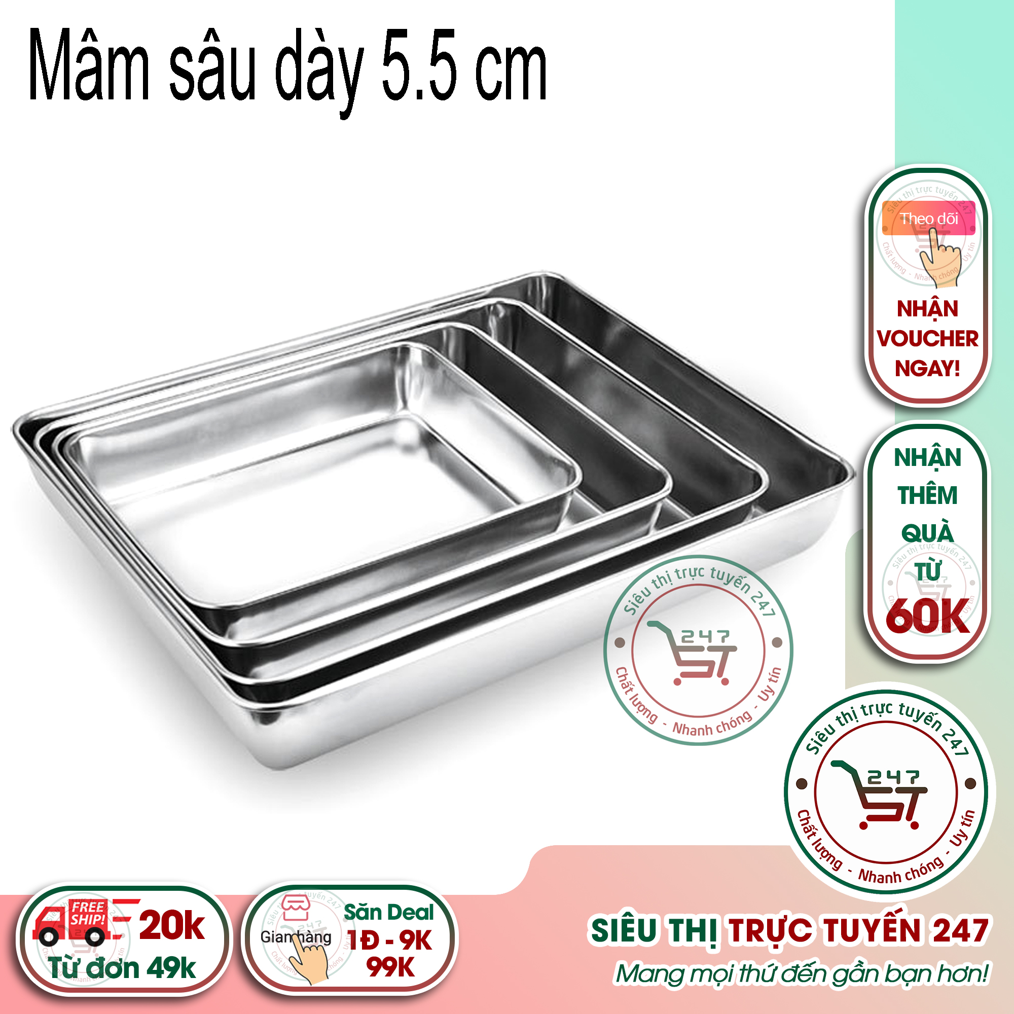Khay inox 304 sâu lòng dày dặn đựng đồ ăn nhiều kích thước tiện dụng. Mâm chữ nhật inox thép không gỉ đựng nhiều loại thức ăn khác nhau