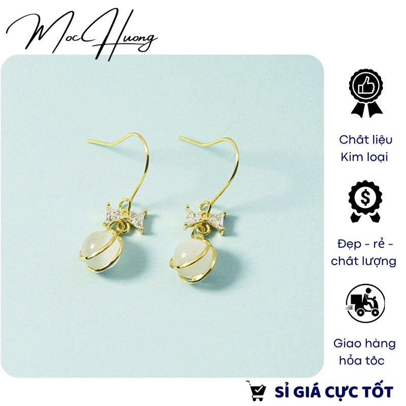 Bông tai/hoa tai đính nơ, hạt tròn - mh881