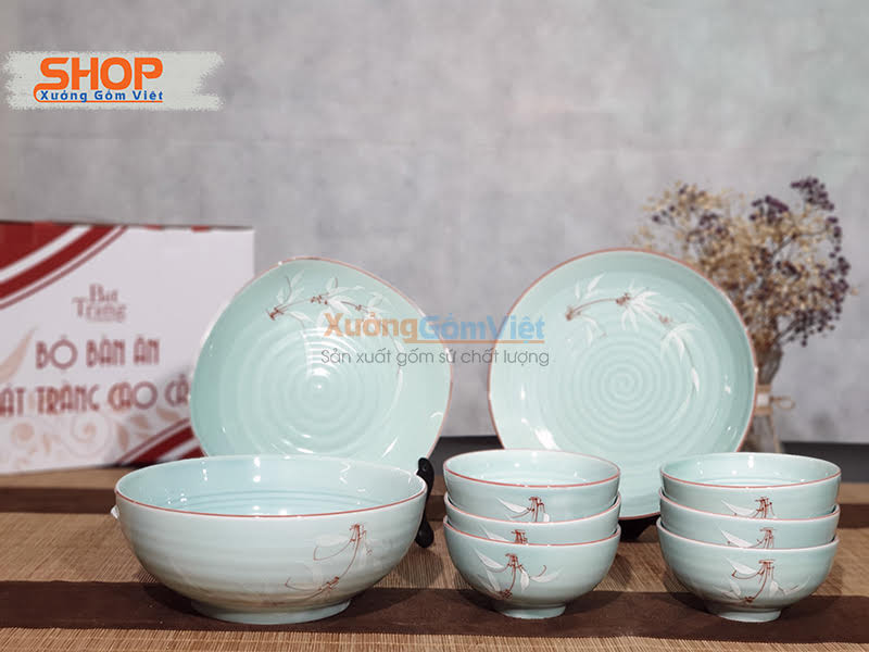 Bộ bát đĩa men xanh vẽ trúc 9 món đẹp xuất sắc, bộ đầy đủ chén ăn cơm,đĩa đựng thức ăn và tô canh - XƯỞNG GỐM VIỆT