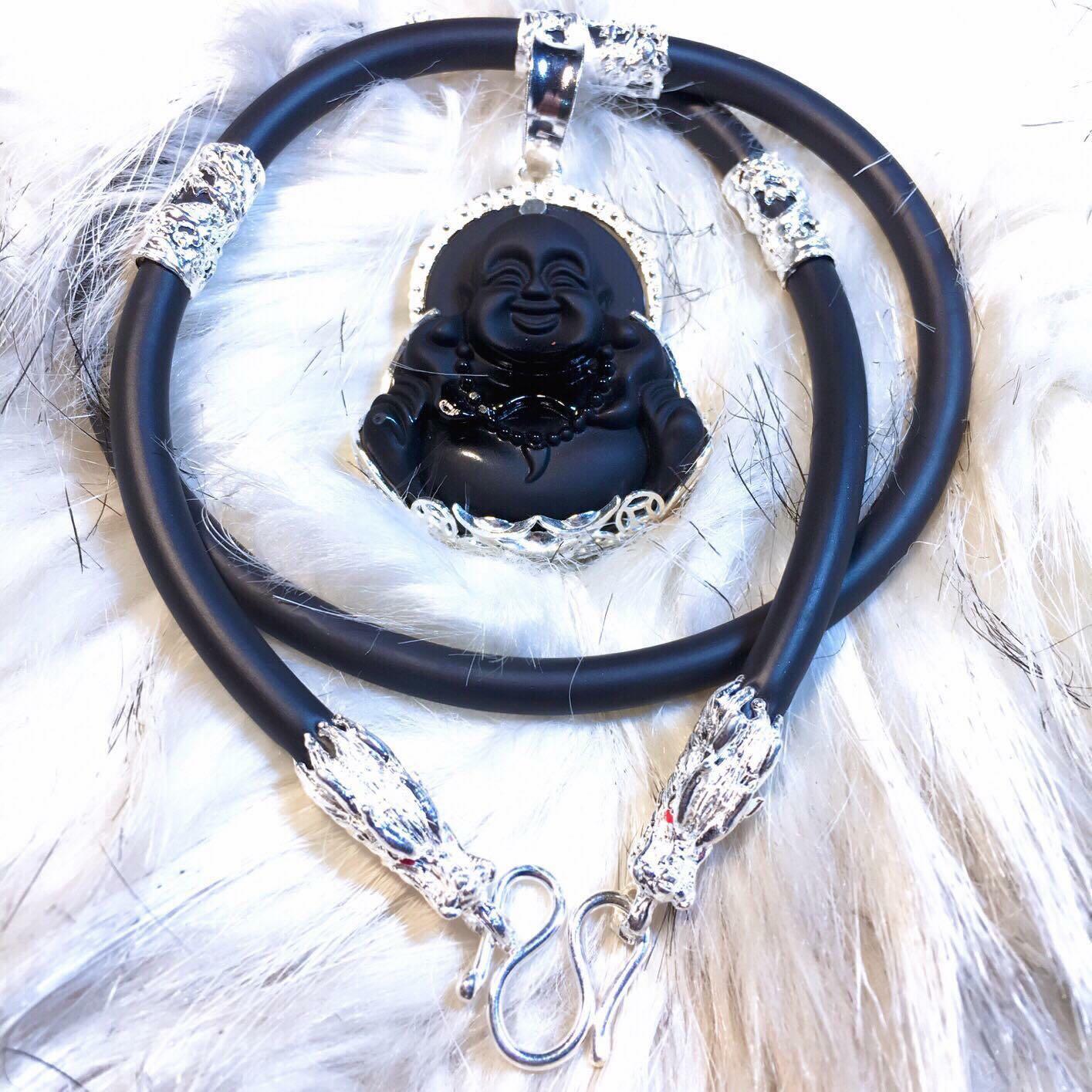 Dây chuyền, vòng cổ nam dây cao su nạm rồng bạc kèm mặt phật màu đen bọc bạc cực chất