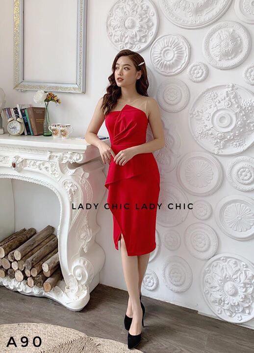 Đầm body cúp ngực phối lưới siêu siêu hot chất umi freesize đỏ đô với đen