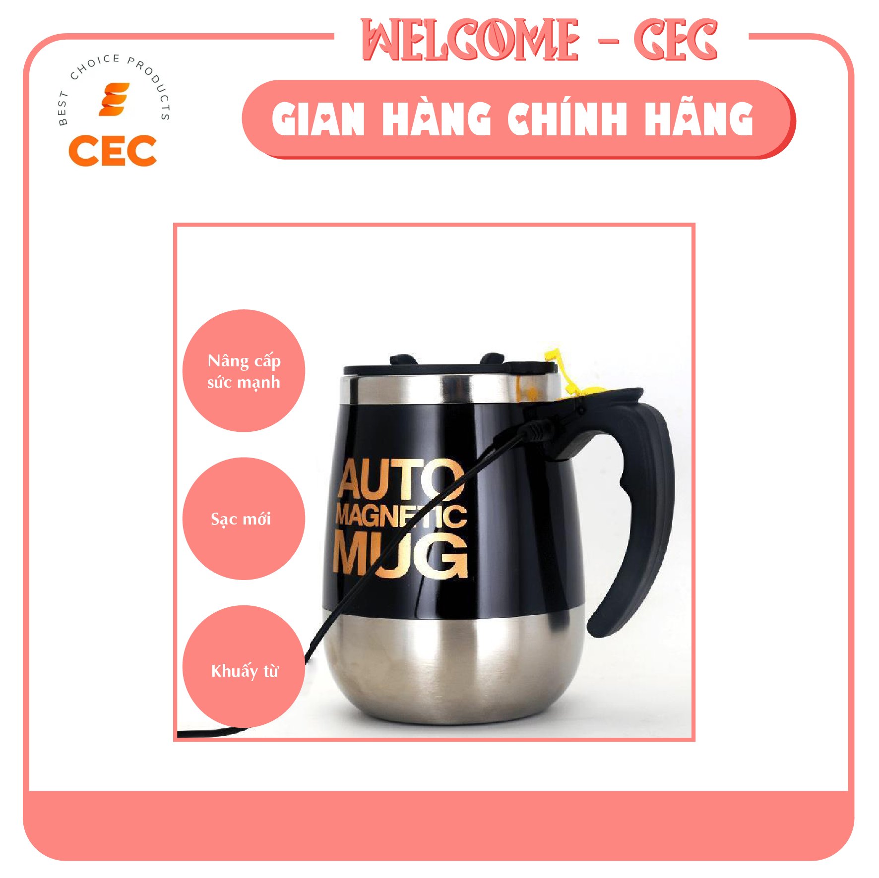 Ly pha Cà phê tự động trộn AUTO MUG Sạc Pin - Cốc 400ml Inox 304 tự khuấy Đồ uống Trà Sữa thông minh tiện dụng - CEC Rose tặng cáp sạc