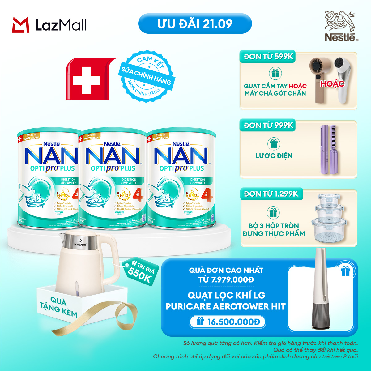 [CHỈ 21.09 QT ĐƠN 599K/999K/1299K][Tặng ấm đun siêu tốc kalpen] Combo 3 lon Sữa bột Nestlé NAN OPTIPRO PLUS 4 800g/lon với 5HMO Giúp tiêu hóa tốt + Tăng cường đề kháng
