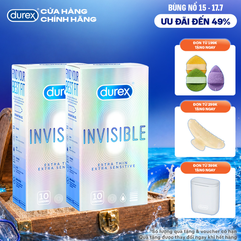 [CHỈ 15-17/07 | MUA LÀ CÓ QUÀ] Combo 2 Bao cao su Durex Invisible siêu mỏng, size 52mm, hộp 10 bao