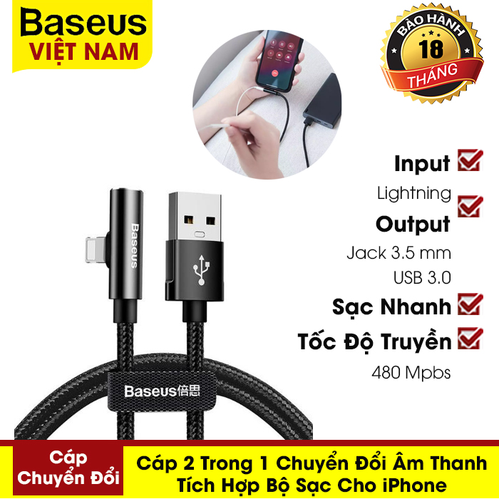 Cáp 2in1 chuyển đổi âm thanh tích hợp bộ sạc cho Iphone - Phân phối bởi Baseus Vietnam