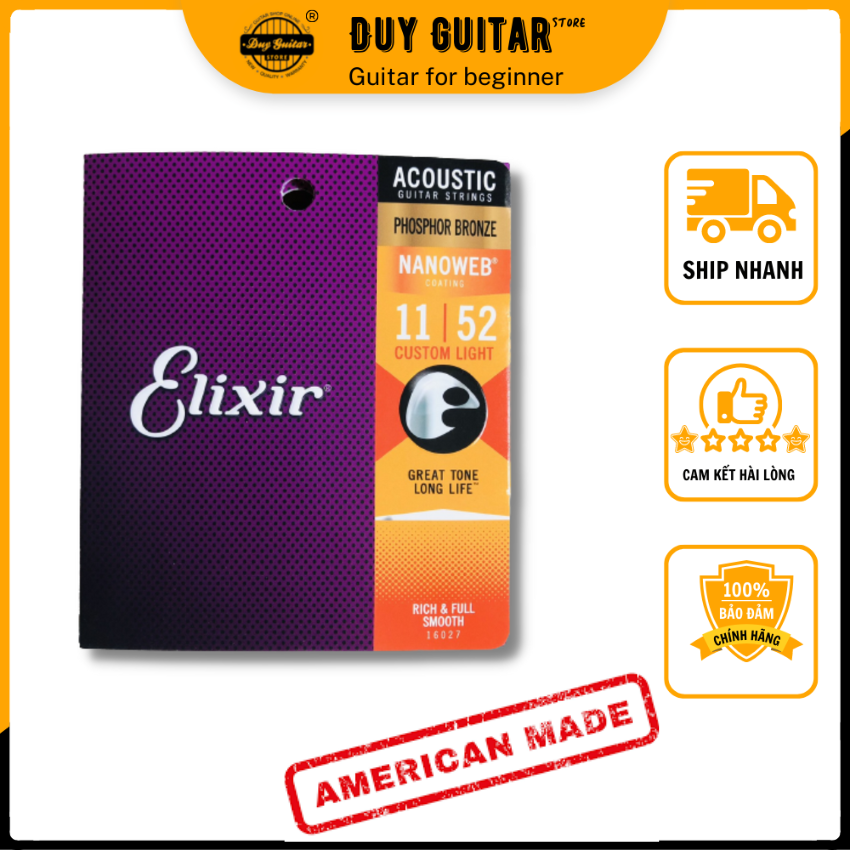 Bộ dây đàn guitar acoustic Elixir 16027 size 11 hãng phân phối chính thức bộ dây ghi-ta phủ lớp Nanoweb cao cấp Duy Guitar Store