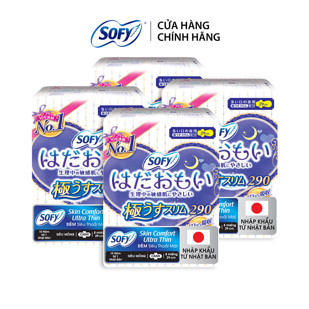Combo 4 Băng vệ sinh siêu mềm mỏng Sofy Skin Comfort Ultra Thin 29cm có cánh (15 miếng/ gói)