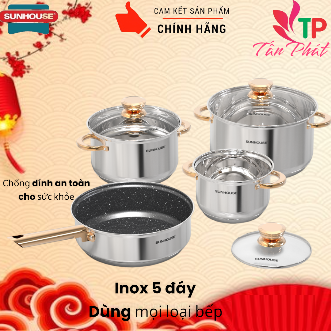 Bộ nồi chảo inox 5 đáy sunhouse shg789 - dùng mọi loại bếp, chảo 24cm chống dính