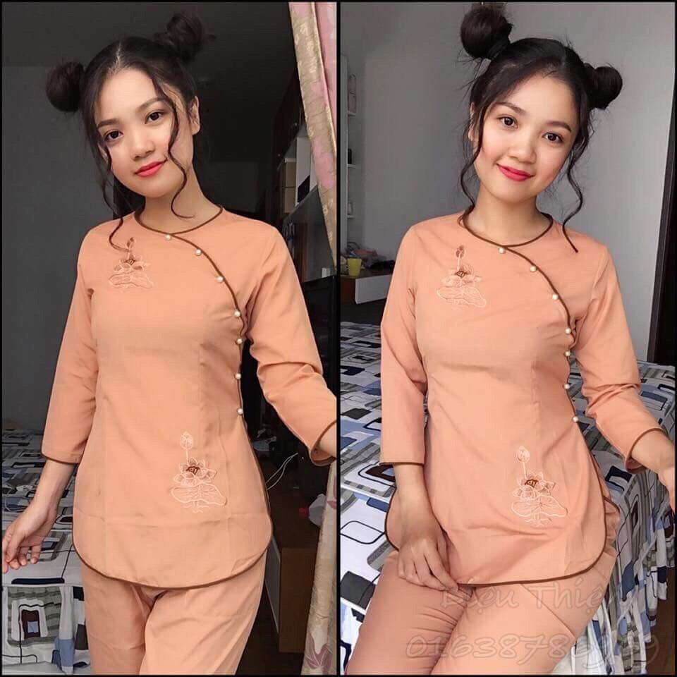 Sét bộ quần áo lam đi chùa thêu hoa sen [ cam kết hài lòng, có nhiều màu sắc )