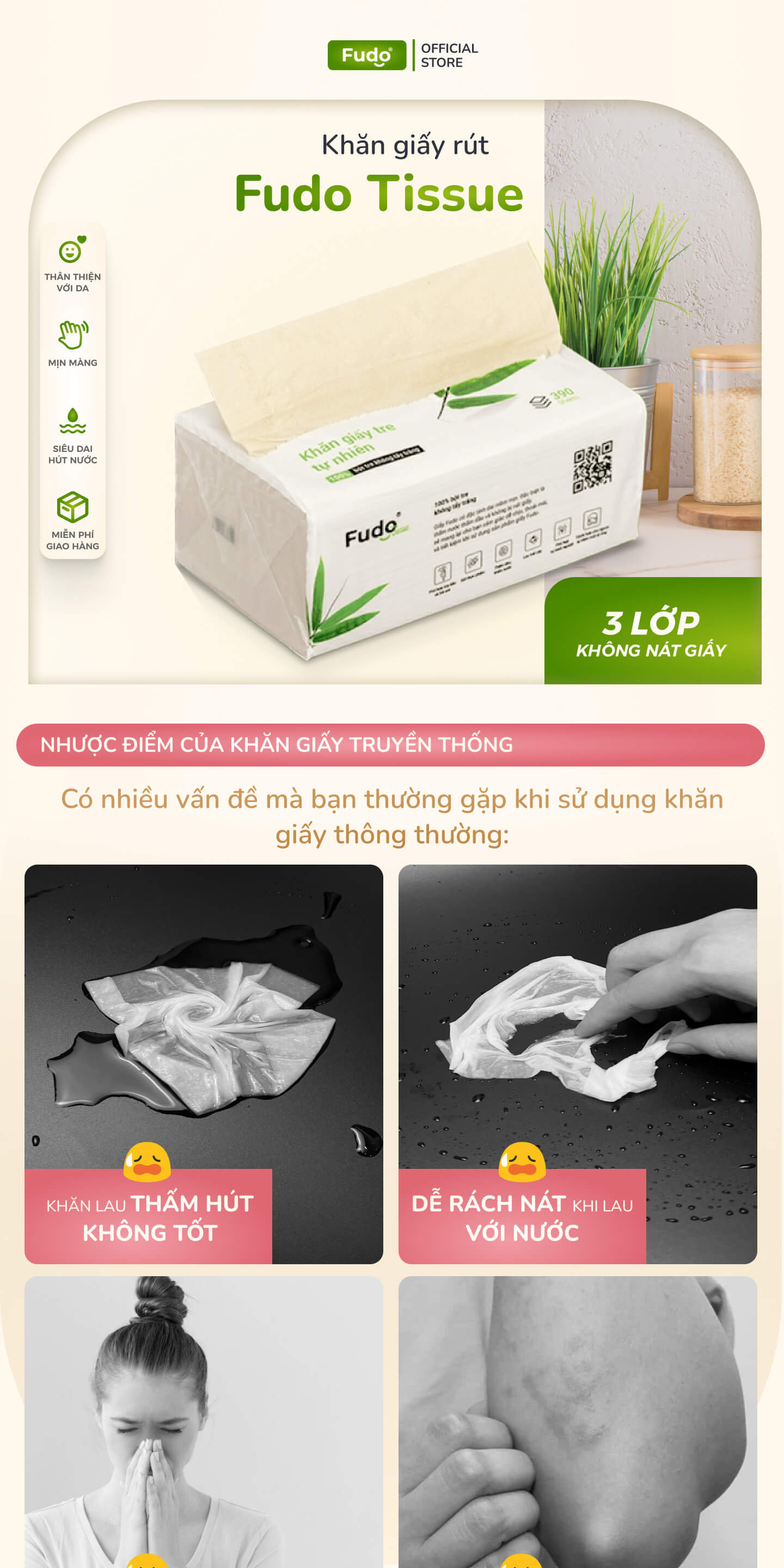 Khăn giấy khô không mùi từ sợi tre siêu dai FUDO TISSUEPack - Dai khi thấm nước và không bụi vụn (Gói lẻ 130 tờ x 3 lớp).