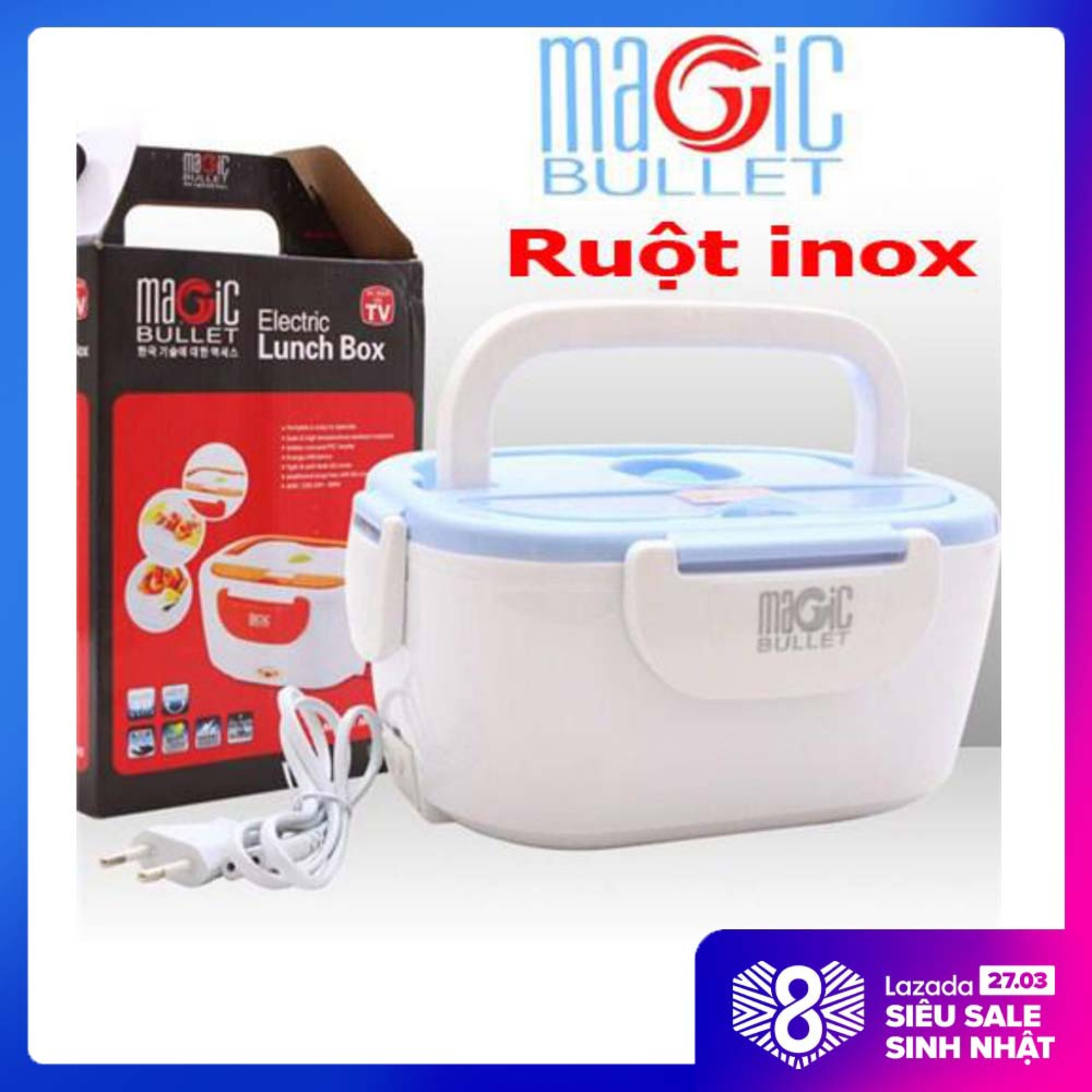 Hộp Tự Hâm Nóng Thức Ăn , Hộp Ủ Thức Ăn Cắm Điện Ruột Inox - Hộp cơm cắm điện Magic ruột inox tháo rời dễ vệ sinh.