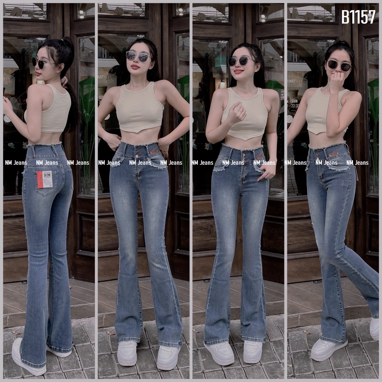 Quần jeans loe lưng cao 3 nút tua lại trơn màu xanh bụi co giãn