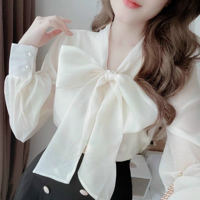 Áo sơ mi thắt nơ điệu đà, áo sơ mi nữ.