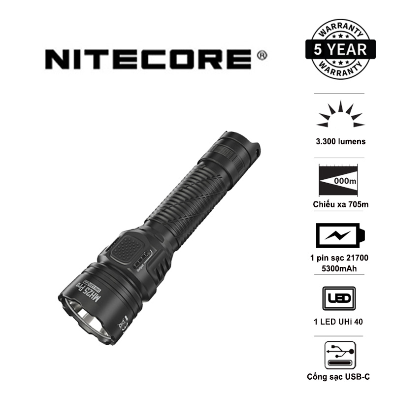 Đèn pin chiếu xa nitecore mh25 pro sáng 3.300 lumens chiếu xa 705m pin sạc 21700 5300mah usb-c