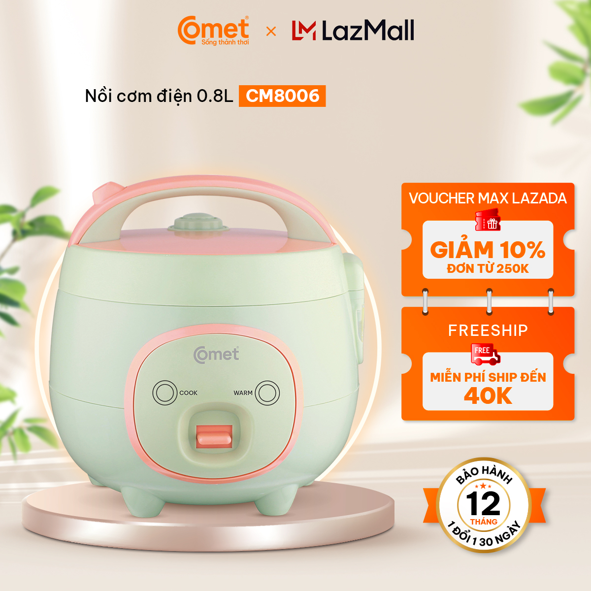 Nồi cơm điện mini nắp gài dung tích 0,8 lít, nồi cơm 1-3 người ăn, nồi nấu cho bé ăn dặm - Comet CM8006 - Nồi cơm heo con