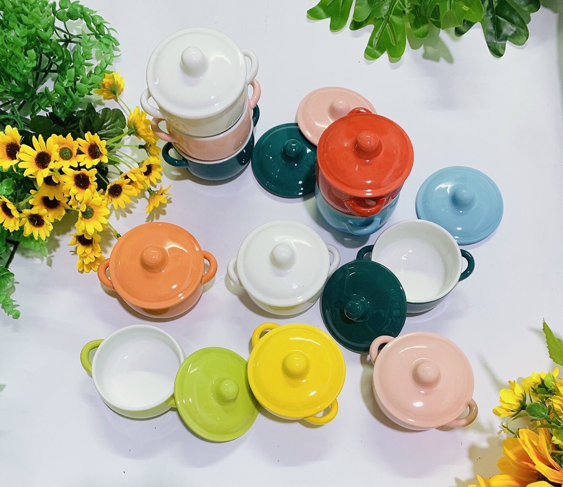 Chén sứ ăn dặm,Bát ăn dặm có nắp,tay cầm xinh xắn cho bé