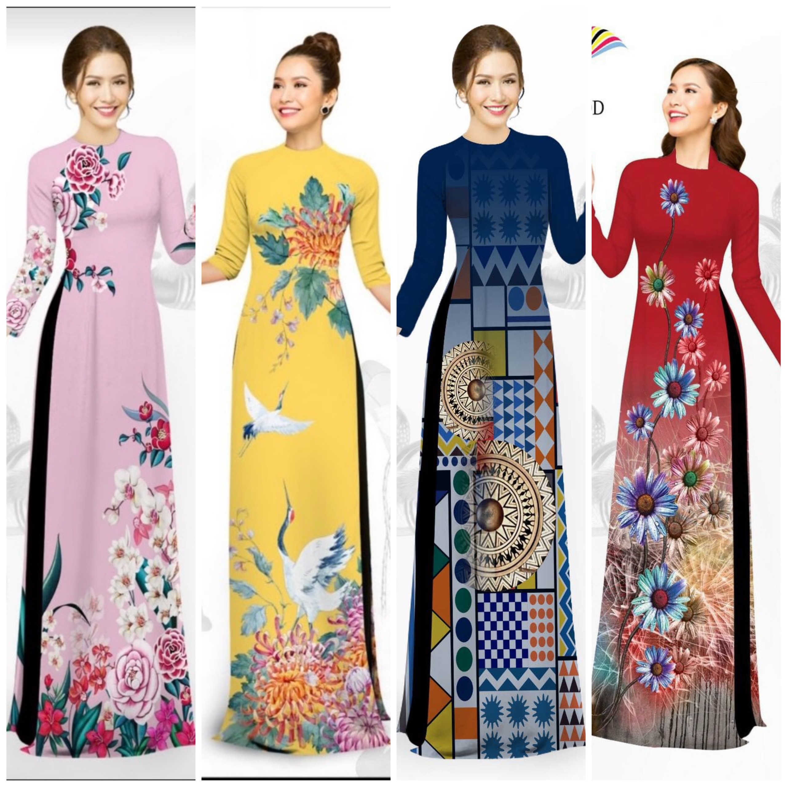 Áo dài truyền thống chất liệu lụa nhật in hoa 3d bền , đẹp
