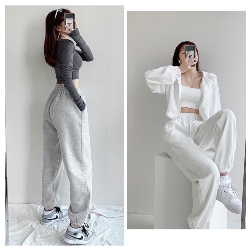 Quần jogger nữ bo gấu trơn vải thun da cá, quan bom ống rộng nữ nỉ thun dáng jogger mặc thu đông - SAMsam