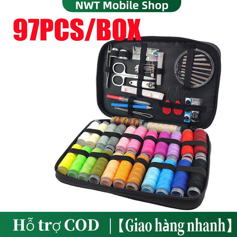 Hộp 24/97 dụng cụ may vá đa năng chuyên dụng gia đình mini đa năng kéo thước kim băng cúc kim chỉ nhiều màu khâu thêu vá đồ quần áo