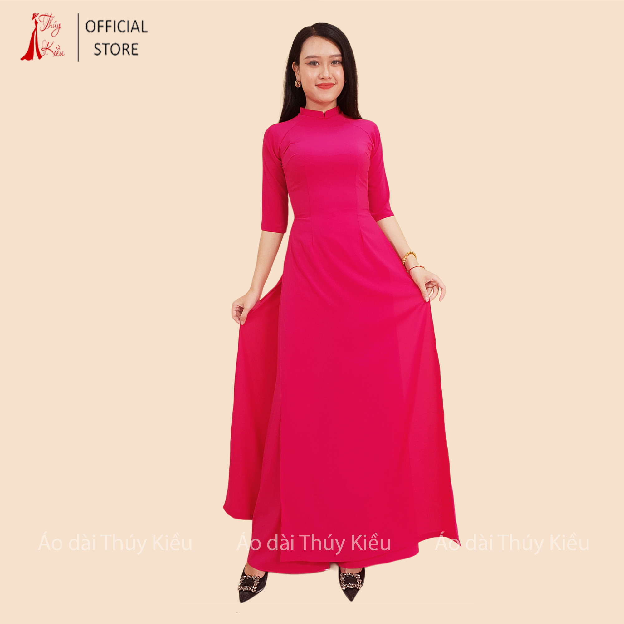 Áo dài trơn lụa Nhật cổ 2 phân màu hồng đậm AK11