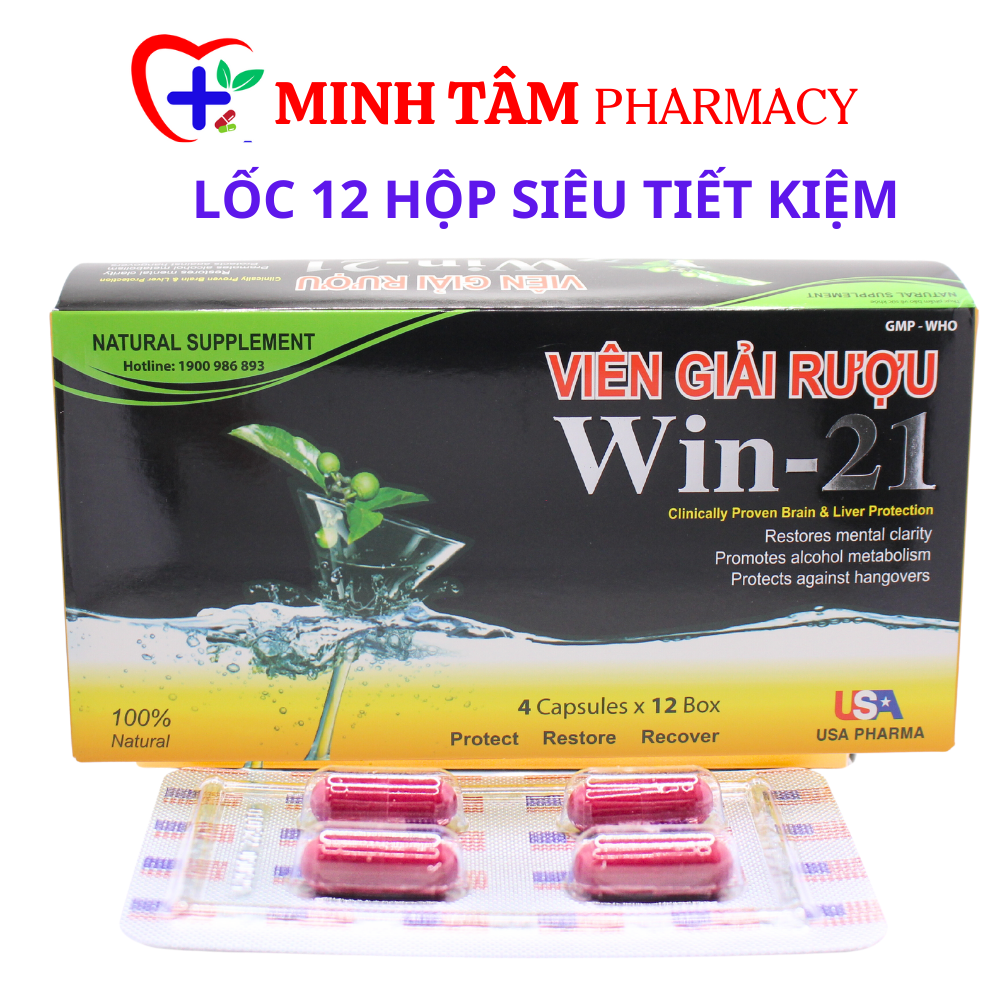 Lốc 12 hộp Viên giải rượu Win 21 giảm tác hại rượu bia lên gan, tự tin hơn khi uống rượu bia, bảo vệ gan, giảm triệu chứng khó chịu - 12 hộp x 4 viên