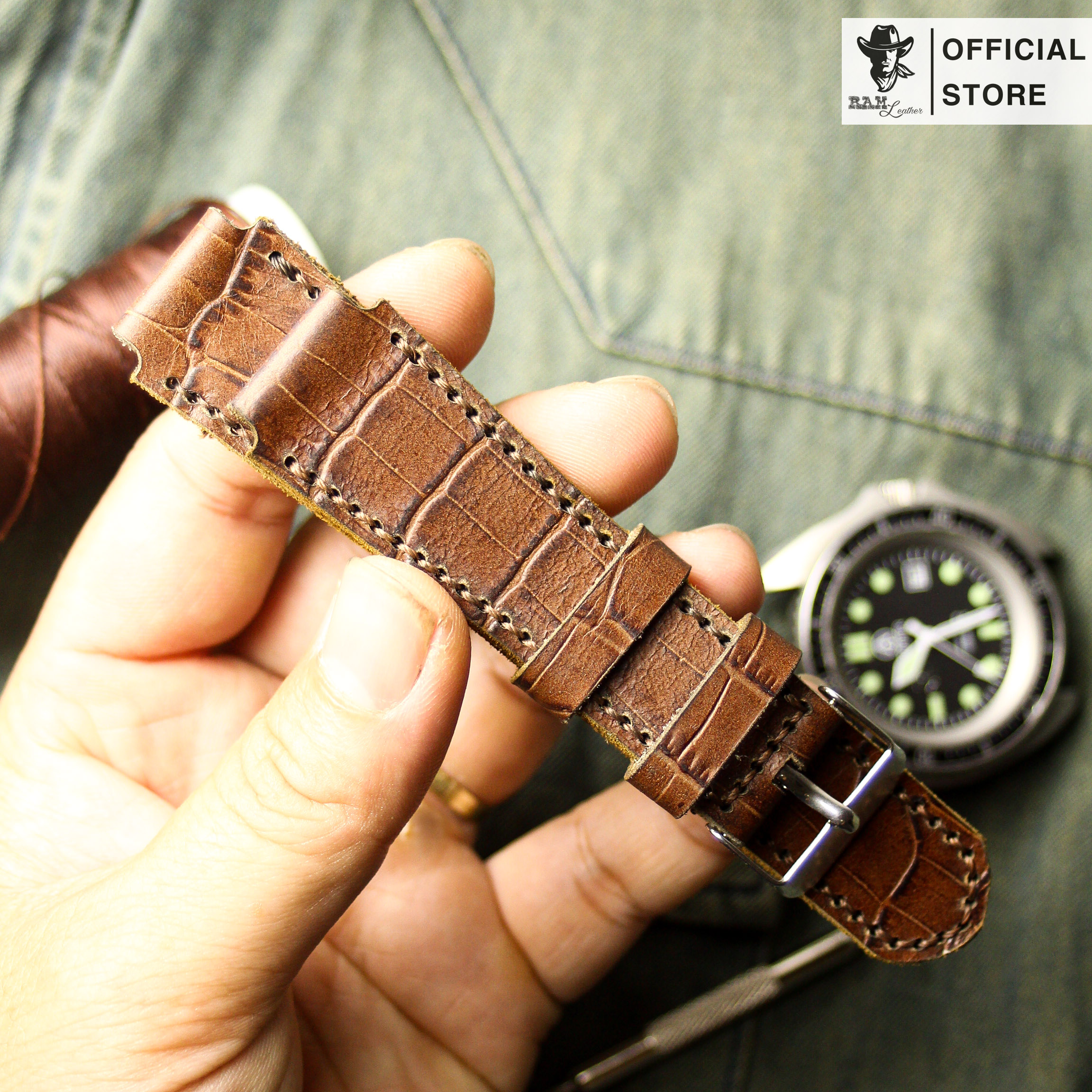 Dây da đồng hồ siêu bền da bò vân cá sấu bản bền đẹp ram leather classic 1928 chính hãng ram leather