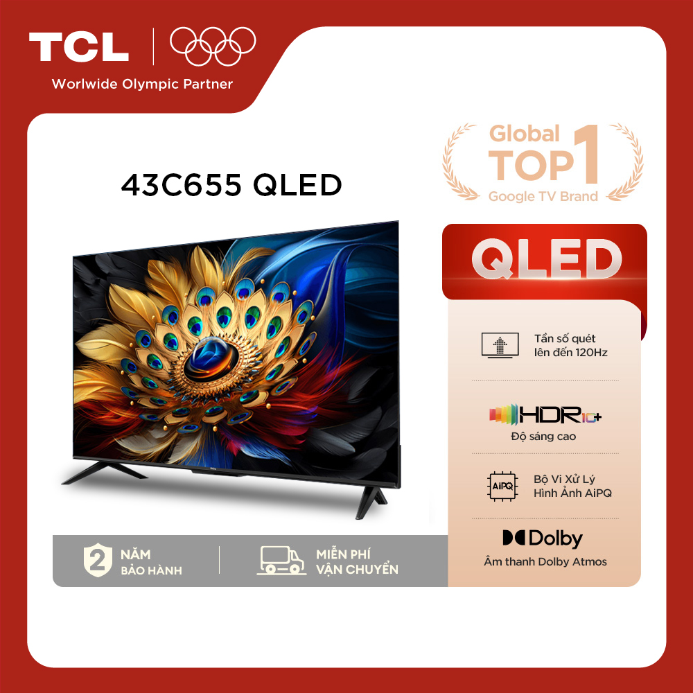 【QLED 4K 43inch - 4K Smart Google TV TCL 43C655 - HDR10+ - Tần số quét 60Hz - Dolby Atmos - Bảo Hành 2 Năm - Hàng Chính Hãng