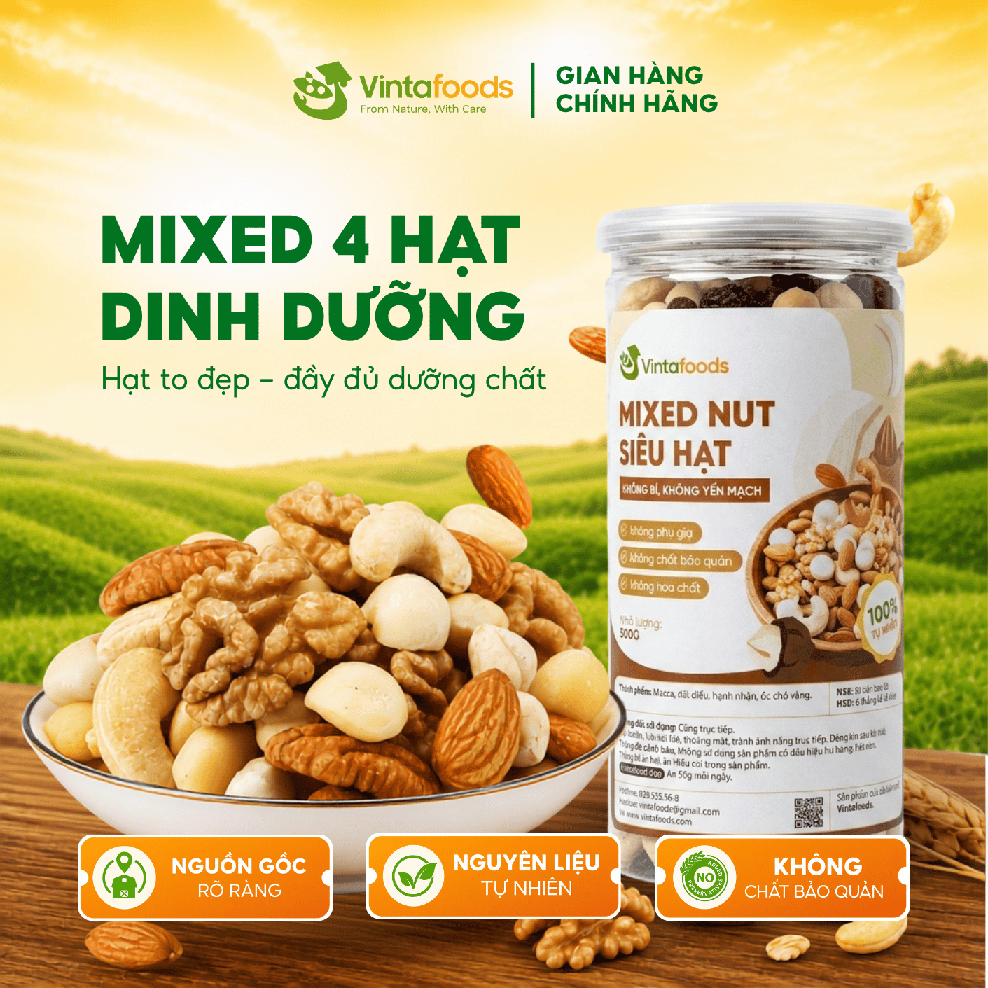 Hạt dinh dưỡng mix 4 loại VINTAFOODS, hạt ngũ cốc cho bà bầu ăn vặt, ăn kiêng, giảm cân tiện lợi