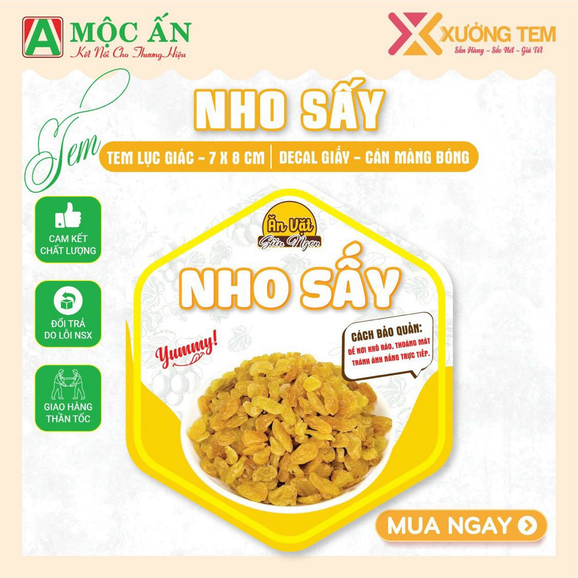 55 tem dán "nho sấy" - lục giác 7x8cm