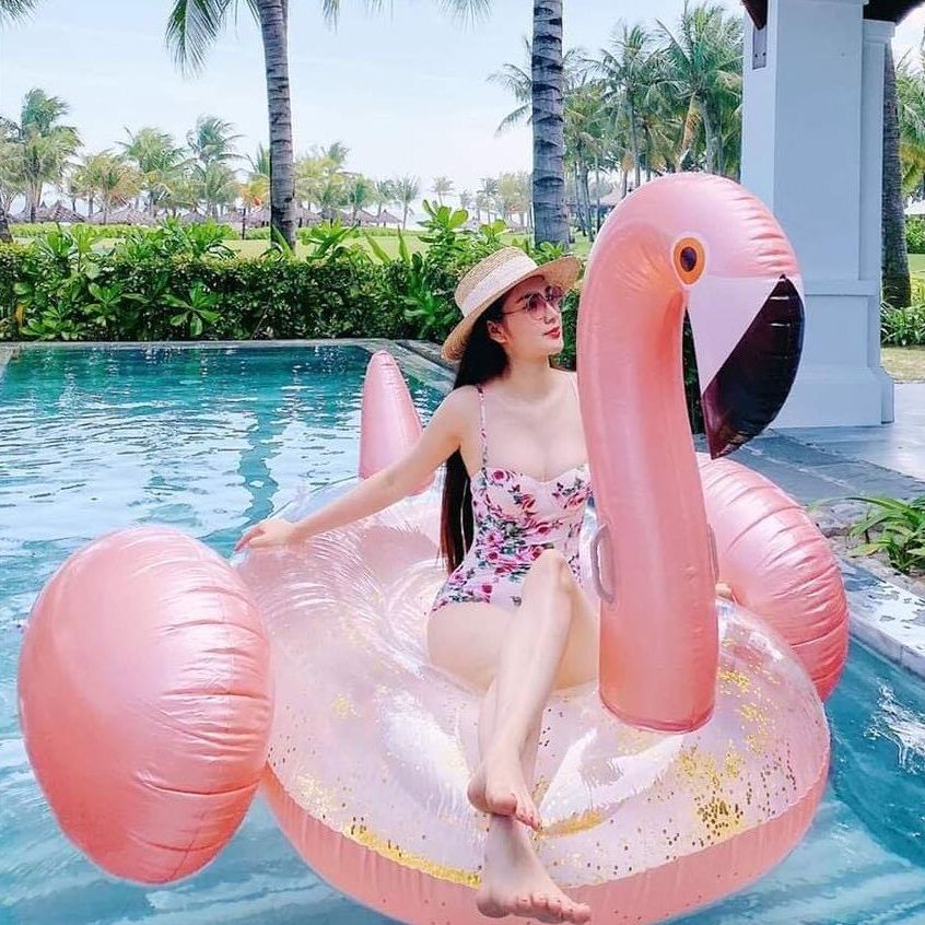 Phao Bơi Thiên Nga Hồng Nhũ 192cm Khổng Lồ Người Lớn Kèm Bơm + Phao Mini
