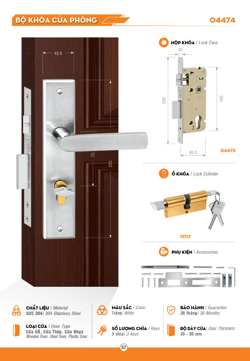 KHÓA VIỆT TIỆP 04474 INOX - KHÓA CỬA PHÒNG