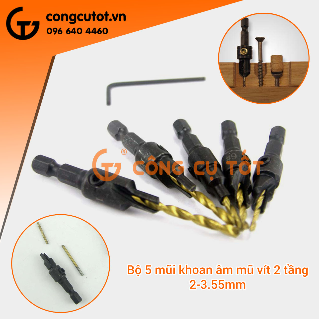 BỘ 5 MŨI KHOAN 2 TẦNG CHỈNH CỮ BẮT ÂM MŨ VÍT 2-3.55MM KHOAN GỖ NHÔM ĐỒNG CHUÔI LỤC GIÁC