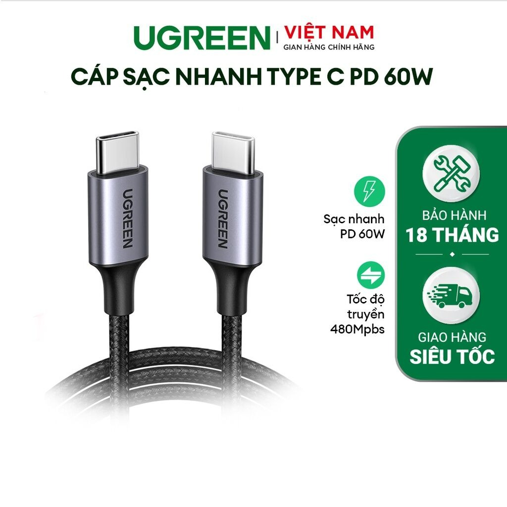 Cáp sạc USB C sang USB C Ugreen US261 Sạc nhanh PD 60W cho Samsung Ipad Macbook,...  | Tốc độ truyền 480Mbps | Bảo Hành 1 đổi 1 18 Tháng | 50149 50150 50152